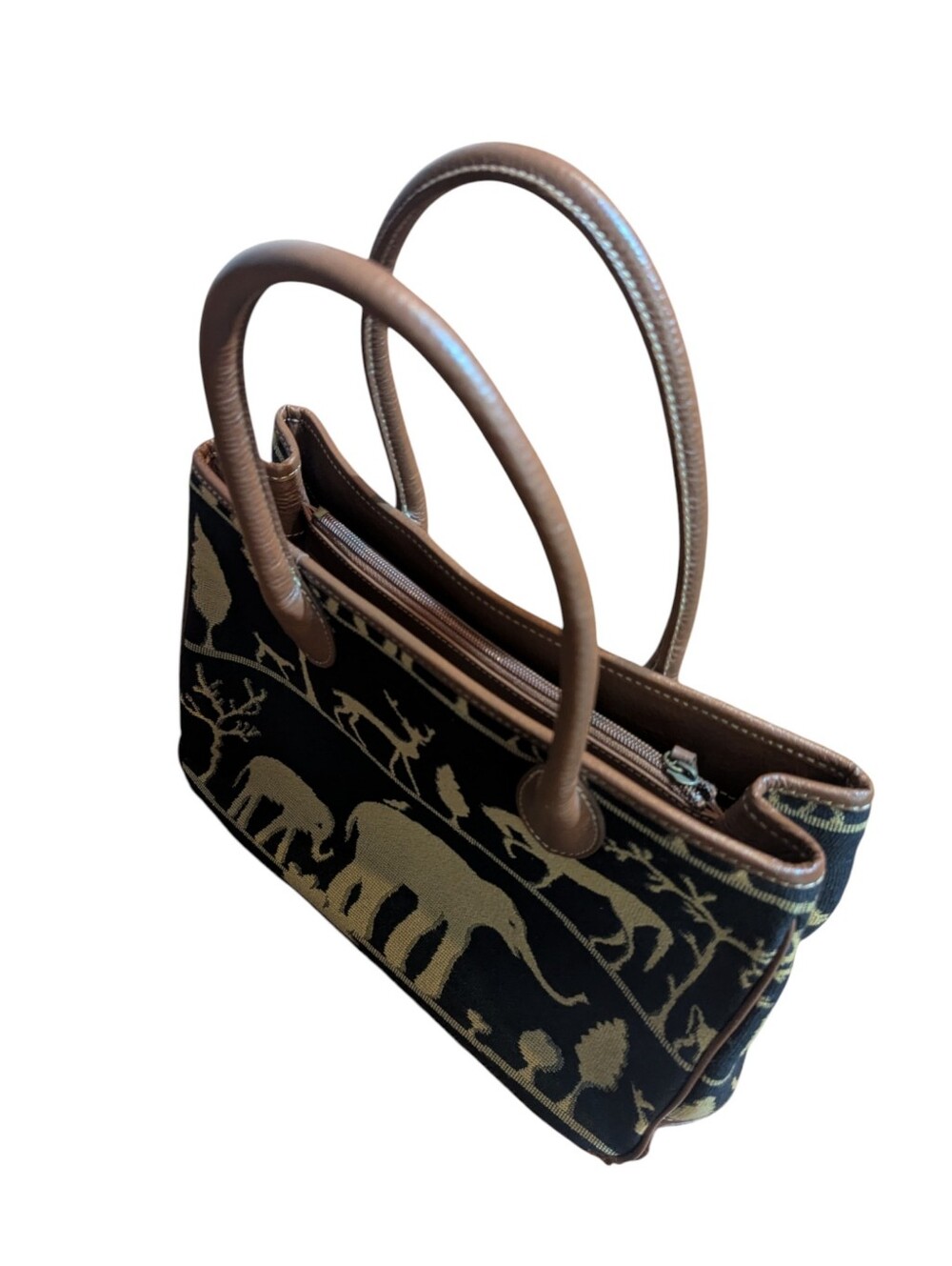 J McLaughlin Brown & Black Elephant Pattern Safarib Tapestry Tote Satchel Bag - Picture 3 of 11